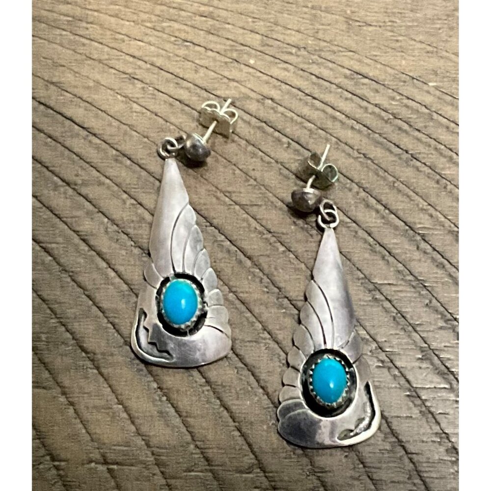 Southwestern  Turquoise Sterling Silver Earrings Stamped Overlay Dangle Pierced